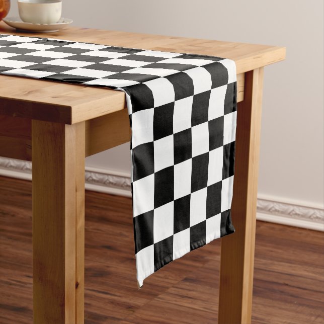 Classic Checkerboard Black White Pattern Short Table Runner (In Situ)