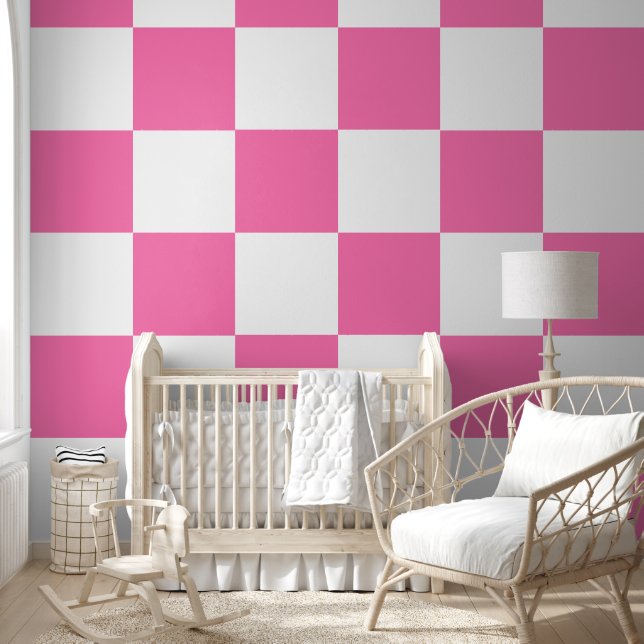 [Classic Checkerboard] Pink and White 12" Squares Wallpaper (Kids)