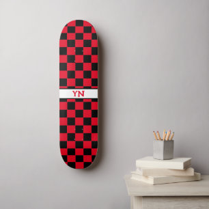 Classic Checkered Black and Red Name Initials Skateboard