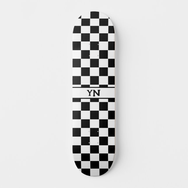 Classic Checkered Black and White Custom Initials  Skateboard (Front)
