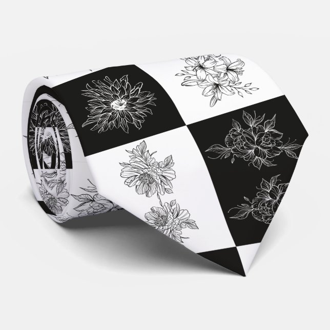 Classic Checkered Black and white Floral print Neck Tie (Rolled)