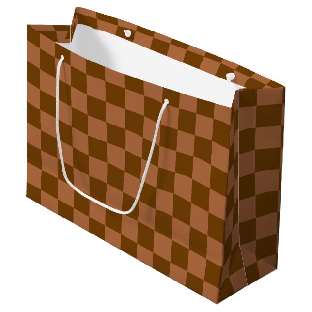 Classic Checkered Pattern: Brown and Tan Square Large Gift Bag (Front Angled)