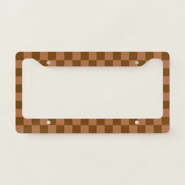Classic Checkered Pattern: Brown and Tan Square License Plate Frame (Front)