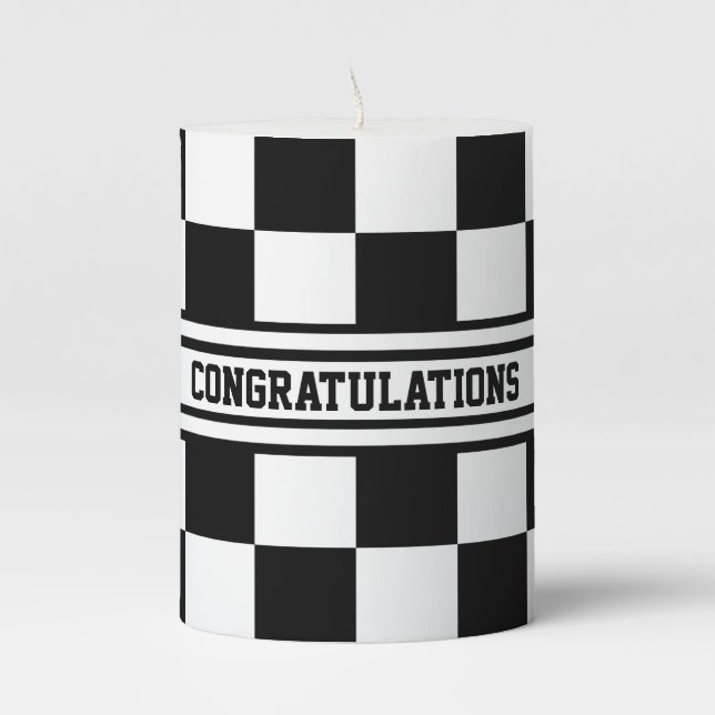Classic Checkered Racing Flag Check Black White Pillar Candle (Front)