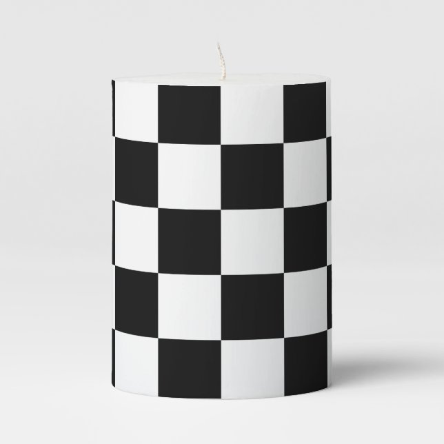 Classic Checkered Racing Flag Check Black White Pillar Candle (Front)