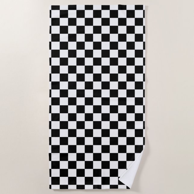Classic Checkered Racing Sport Check Black White Beach Towel (Front)