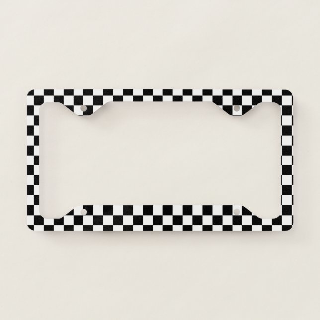 Classic Checkered Racing Sport Check Black White License Plate Frame (Front)