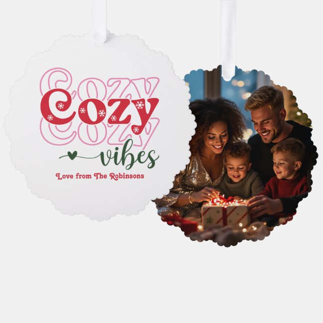 Classic Cheer Cozy Vibes Retro Christmas Photo Ornament Card (Front/Back)