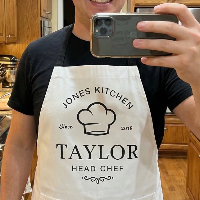 Classic Chef Hat Name Typography Design Apron (Head chef personalized apron gift for her)