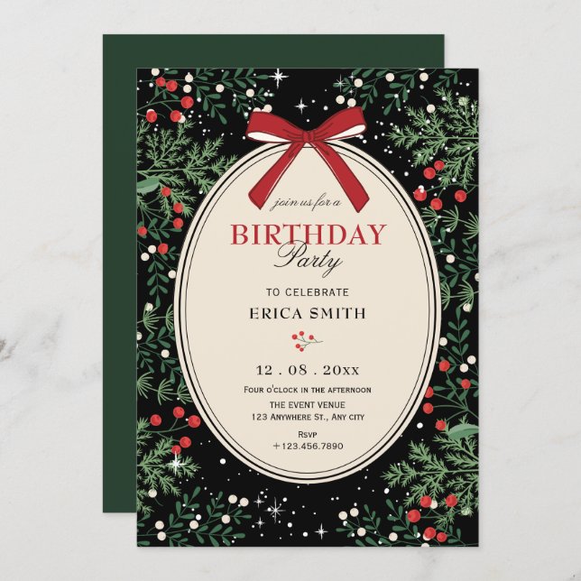 Classic cherry bow birthday invitation (Front/Back)