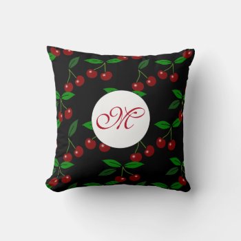 Classic Cherry Fruit Leaf Monogram Black Pillow 4 by ReneBui at Zazzle