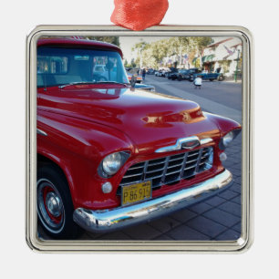 Classic Cherry Red Chevy Pick-Up Truck at Car Show Metal Ornament