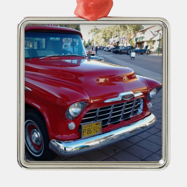 Classic Cherry Red Chevy Pick-Up Truck at Car Show Metal Ornament (Front)