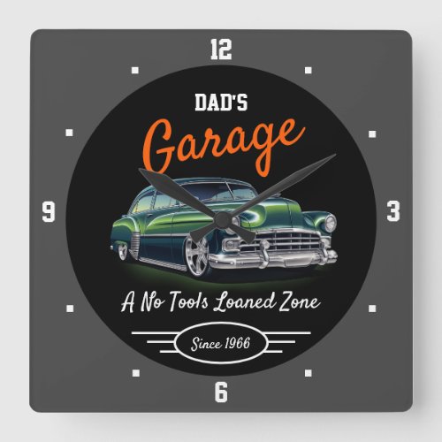 Classic Chevy car Garage Dads Any Name Black Grey Square Wall Clock