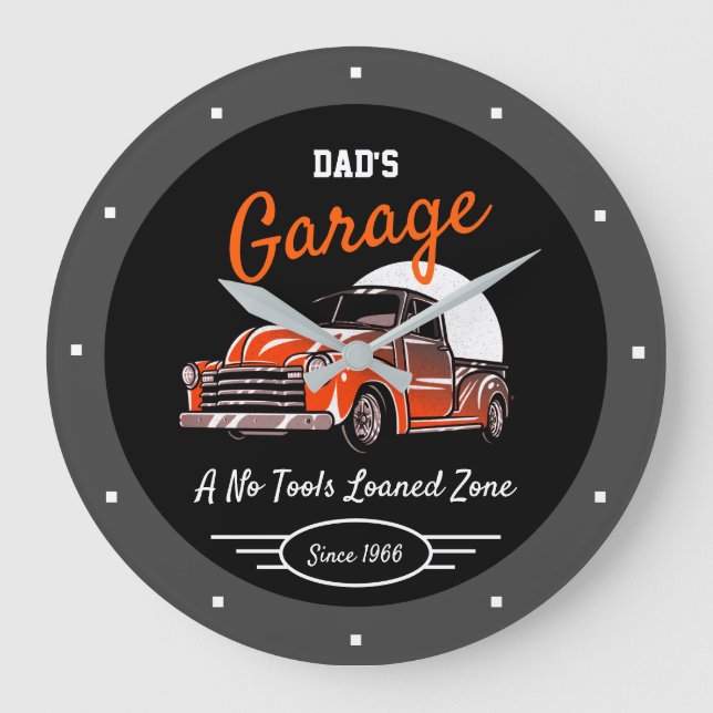 Classic Chevy Truck Garage Dad's Any Name Black Large Clock (Front)