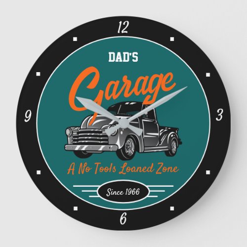 Classic Chevy Truck Garage Dads Name Teal Black Large Clock