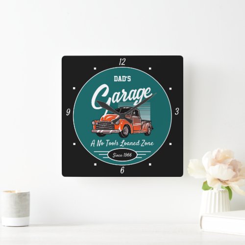 Classic Chevy Truck Garage Dads Name Teal Black Square Wall Clock