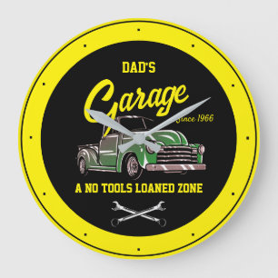Classic Chevy Truck Garage Name Black Yellow Large Clock