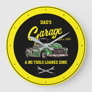 Classic Chevy Truck Garage Name Black Yellow Large Clock