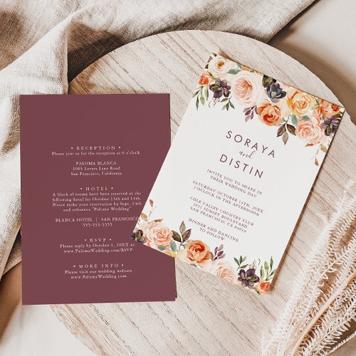 Classic Chic Boho Floral Back  Front Wedding   Invitation