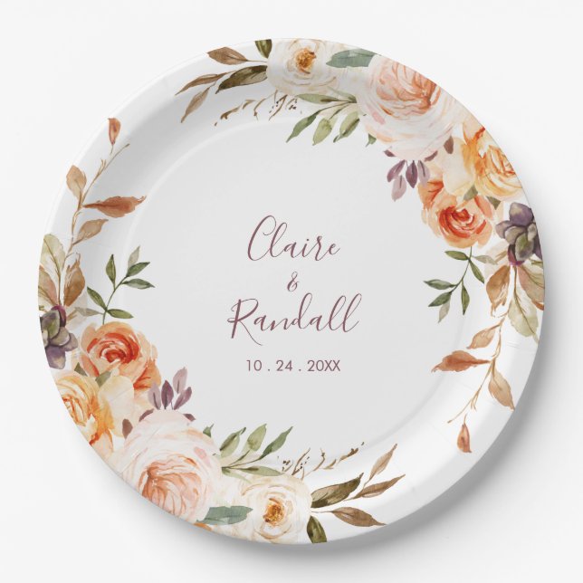 Classic Chic Boho Floral Wedding  Paper Plates (Front)