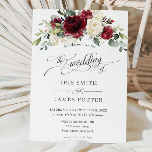 Classic Chic Burgundy Ivory Floral Wedding Invitation