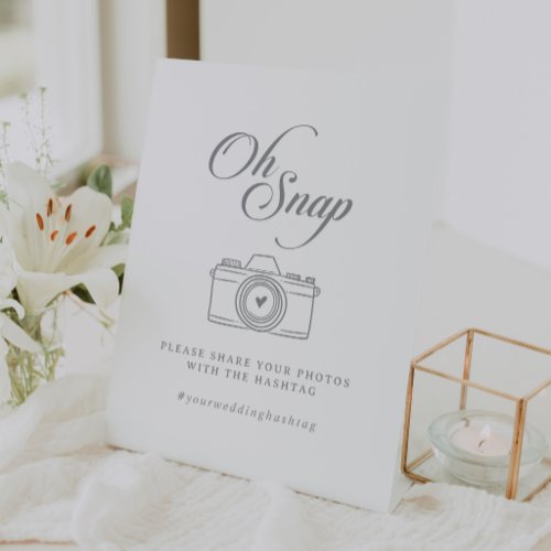 Classic Chic Calligraphy Oh Snap Wedding Hashtag Pedestal Sign