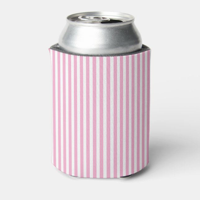 Classic Chic Cute Pink and White Vertical Striped Can Cooler (Can Back)