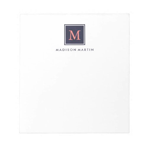 Classic Chic Dark Blue and Coral Monogram Notepad
