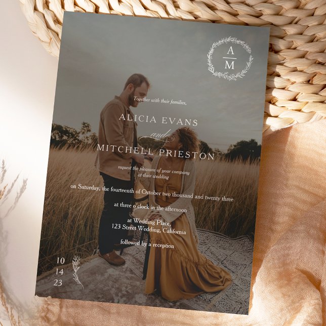 Classic chic floral monogram white wedding photo invitation (Creator Uploaded)