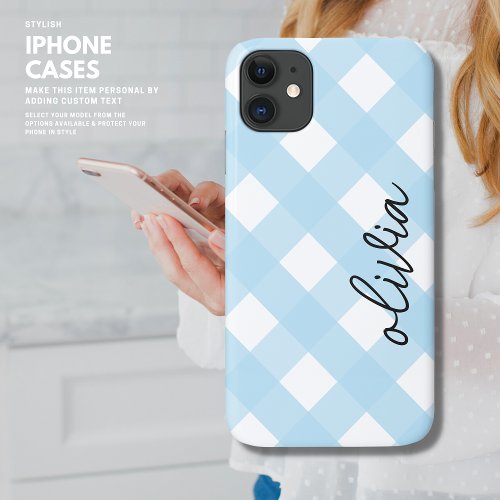 Classic Chic Gingham Plaid Buffalo Check Pale Blue iPhone 11 Case