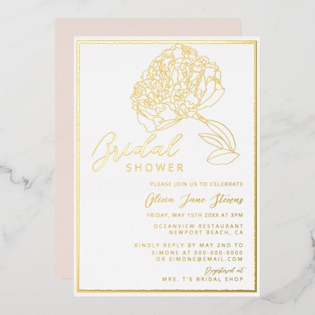 Classic Chic Gold Frame Peony Blush Bridal Shower Foil Invitation (Front/Back)