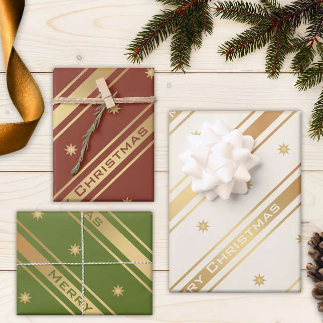 Classic Chic Gold Stars and Stripes Christmas  Wrapping Paper Sheets (Elegant classic gold striped Christmas wrapping paper with stars.)