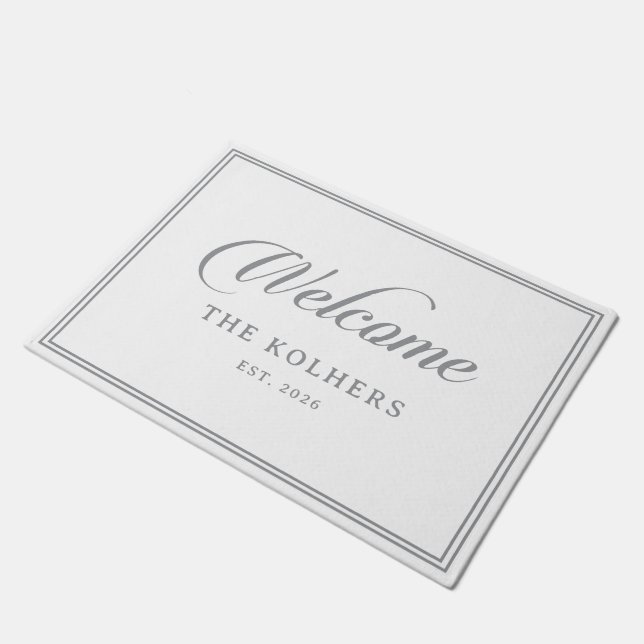 Classic Chic Gray Calligraphy Wedding Welcome  Doormat (Angled)