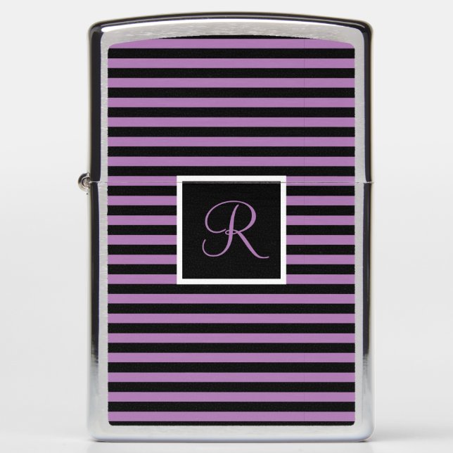 Classic Chic Initial Letter Purple & Black Stripes Zippo Lighter (Front)