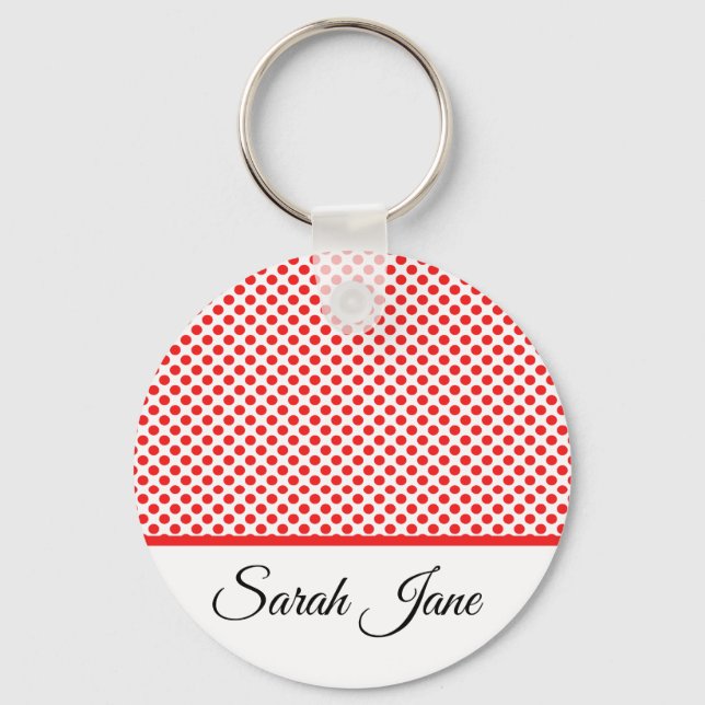 Classic Chic Red Polka Dots Pattern Custom Name Keychain (Front)