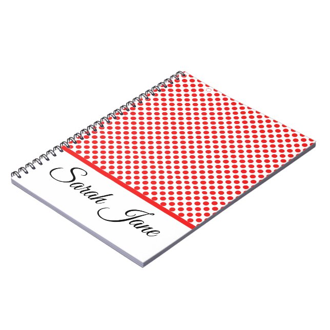 Classic Chic Red Polka Dots Pattern Custom Name Notebook (Left Side)