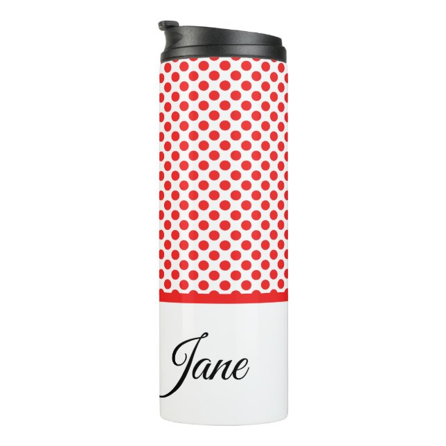 Classic Chic Red Polka Dots Pattern Custom Name Thermal Tumbler (Rotated Right)