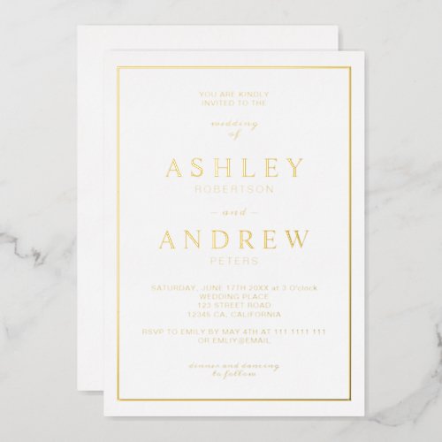 Classic chic simple elegant gold white script foil invitation