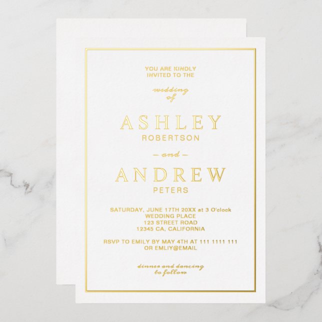 Classic chic simple elegant gold white script foil invitation (Front/Back)