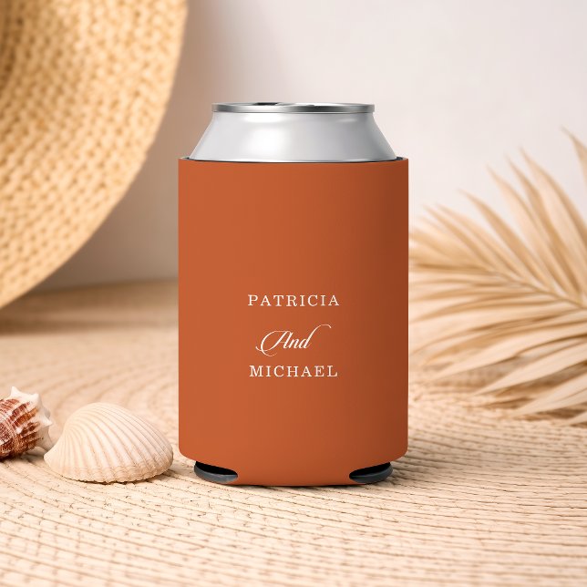 Classic Chic Terracotta Calligraphy Wedding Can Cooler (Creator Uploaded)