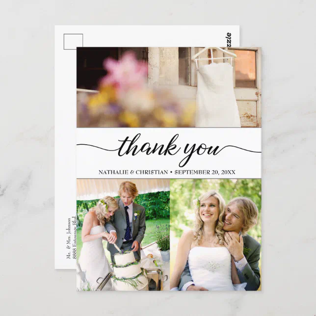 Classic Chic Wedding Photos Thank You Script Postcard | Zazzle