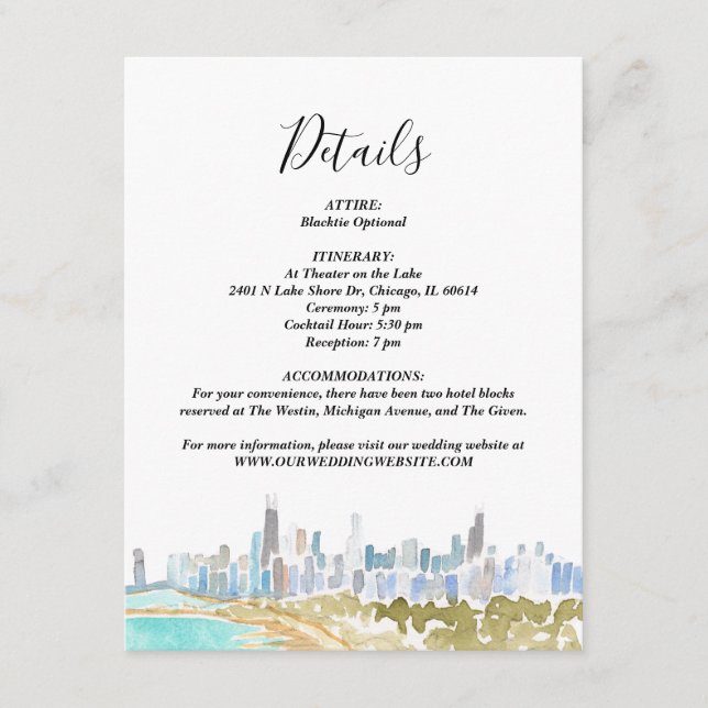 Classic Chicago Skyline Watercolor Details Card (Front)