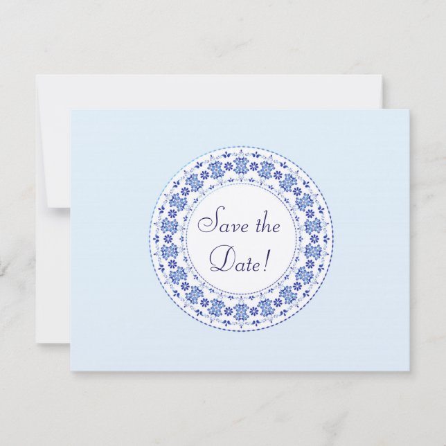 Classic China Blue Personalized Save the Date Card (Front)