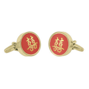 Classic Chinese wedding double happiness red gold Cufflinks