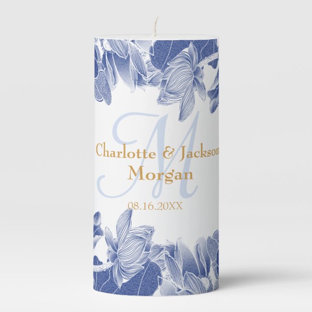 Classic Chinoiserie Blue Floral Lotus Couple Name  Pillar Candle (Front)