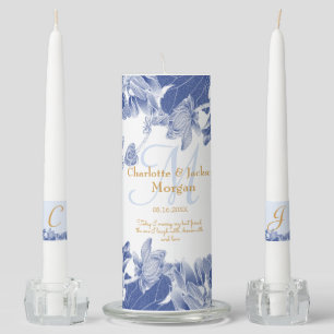 Classic Chinoiserie Blue Floral Lotus  Unity Candl Candle Set
