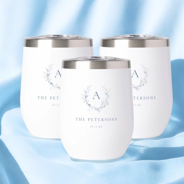Classic Chinoiserie Blue Monogram Wedding Favors Thermal Wine Tumbler (Creator Uploaded)