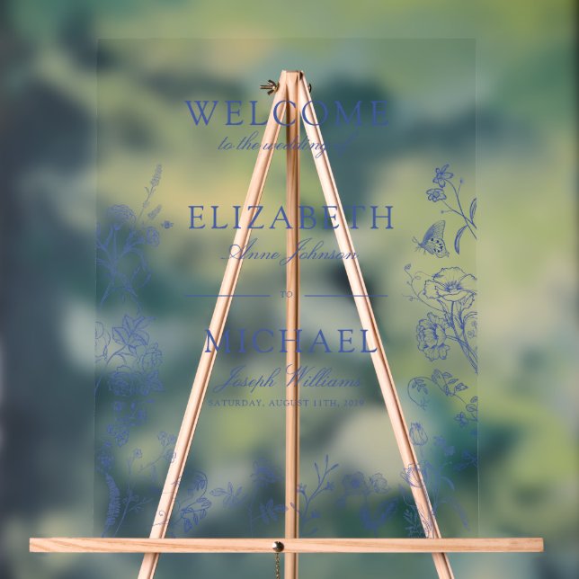 Classic Chinoiserie Blue Victorian Floral Wedding Acrylic Sign (Neutral)
