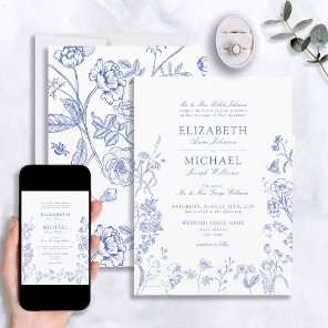 Classic Chinoiserie Blue Victorian Floral Wedding Invitation